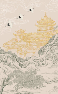 古风山水楼阁飞鸟图背景墙