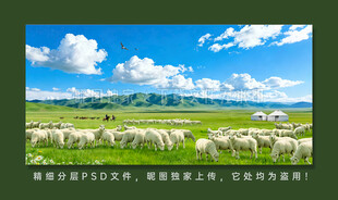 草原羊群蓝天白云青山