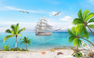 蓝色沙滩 帆船沙滩 树叶蓝天 