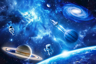 蓝色宇宙星空外太空火箭星球背景