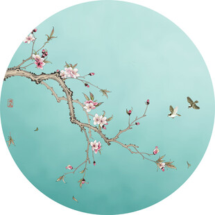 新中式花鸟桃花圆形装饰画