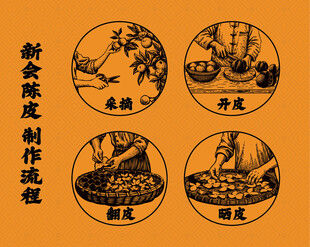 新会陈皮 制作流程 线稿矢量图