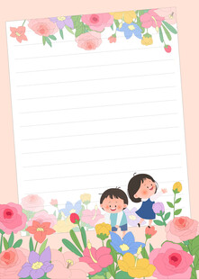 孩子春季花丛玩耍读书笔记插画