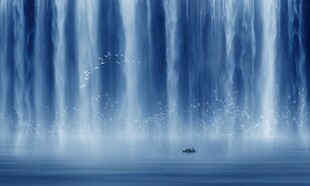 招财瀑布山水画背景幕墙