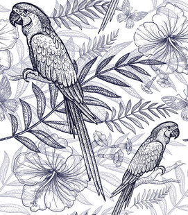 蓝调鹦鹉与花卉植物图案