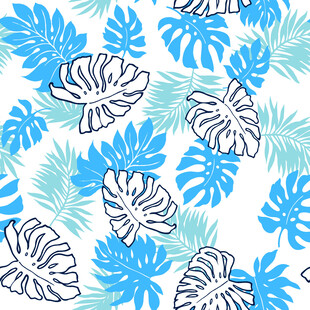 蓝白热带植物花纹图案