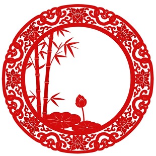 圆形剪纸风竹荷图案