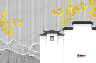 水墨风银杏徽派建筑背景墙