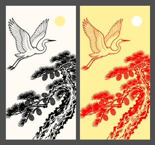 中式金纹仙鹤山水图