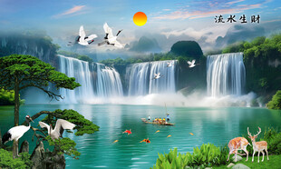 迎客松瀑布山水画壁画