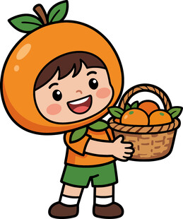 提篮橙衣小孩笑盈盈