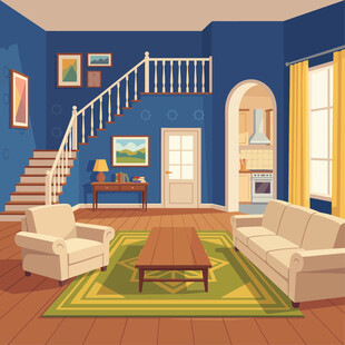 蓝色系温馨客厅室内场景