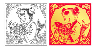 童子抱鱼剪纸风喜庆图案