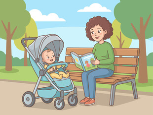 妈妈公园长椅看书育儿