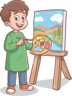 男孩在画架前画画插画