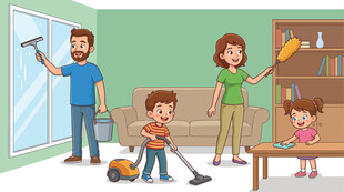 温馨家庭大扫除插画