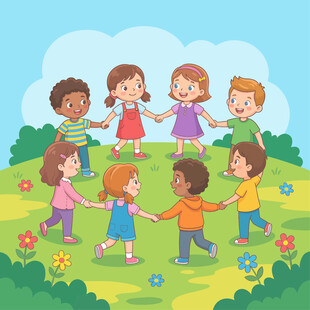 小朋友手拉手草地玩耍