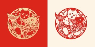 剪纸风抱鱼萌娃喜庆图案
