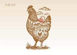 手绘鸡插画版画