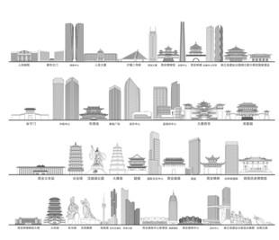 西安陕西城市建筑线描插画地标