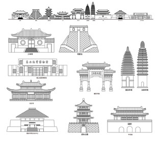 登封河南城市建筑线描插画地标