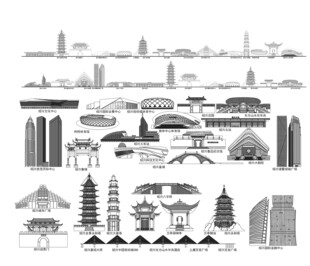 绍兴浙江城市建筑线描插画地标