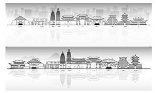 登封河南城市建筑线描插画地标