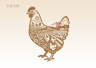 手绘鸡插画版画