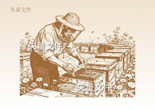 手绘蜂蜜素描 养蜂人插画