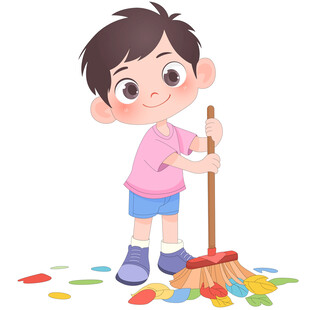 孩子做家务拿扫把扫落叶打扫卫生