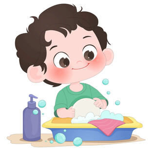 孩子做家务水池刷盘子泡泡插画