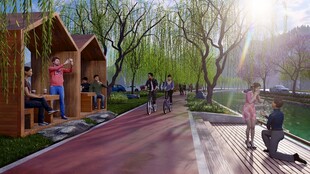 河畔木屋旁的惬意骑行道