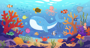 海底鲸鱼卡通海洋动物珊瑚背景墙