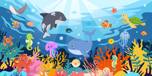 卡通海洋鲸鱼海底动物珊瑚背景墙