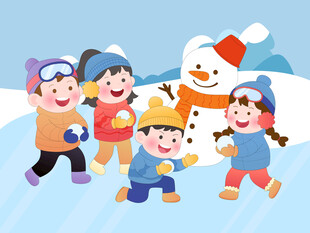 冬天儿童户外雪地打雪仗堆雪人