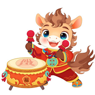 马年春节新年小马驹敲鼓打鼓庆祝