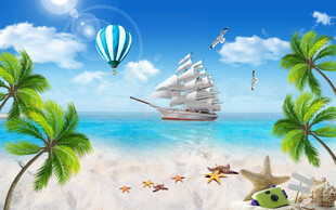 蓝天大海沙滩椰树背景墙