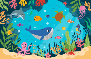 卡通洞穴海底动物鲸鱼珊瑚背景墙