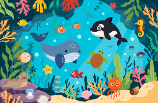 海底洞穴卡通鲸鱼珊瑚海洋背景墙