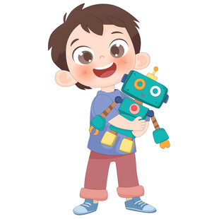 男孩拿机器人玩具可爱儿童插画