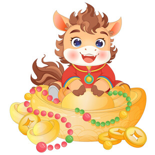 马年新年聚宝盆大元宝金币插画