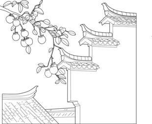 中式建筑轮廓与枝头硕果 矢量图