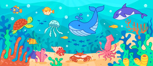 手绘海洋动物卡通鲸鱼海底背景墙