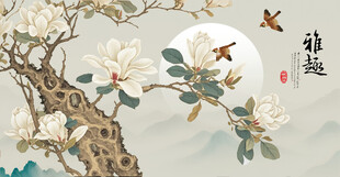 新中式工笔花鸟玉兰花背景图