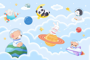 卡通云朵动物宇航员太空儿童背景