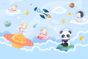 卡通动物太空火箭星球儿童背景墙