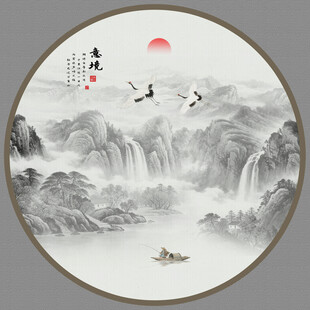 圆形水墨山水画
