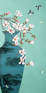 新中式玉兰工笔花鸟花瓶国画山水