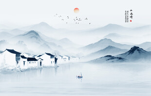 新中式沙发电视山水画背景墙