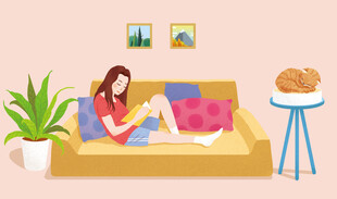 女孩躺沙发看书原创手绘插画插图